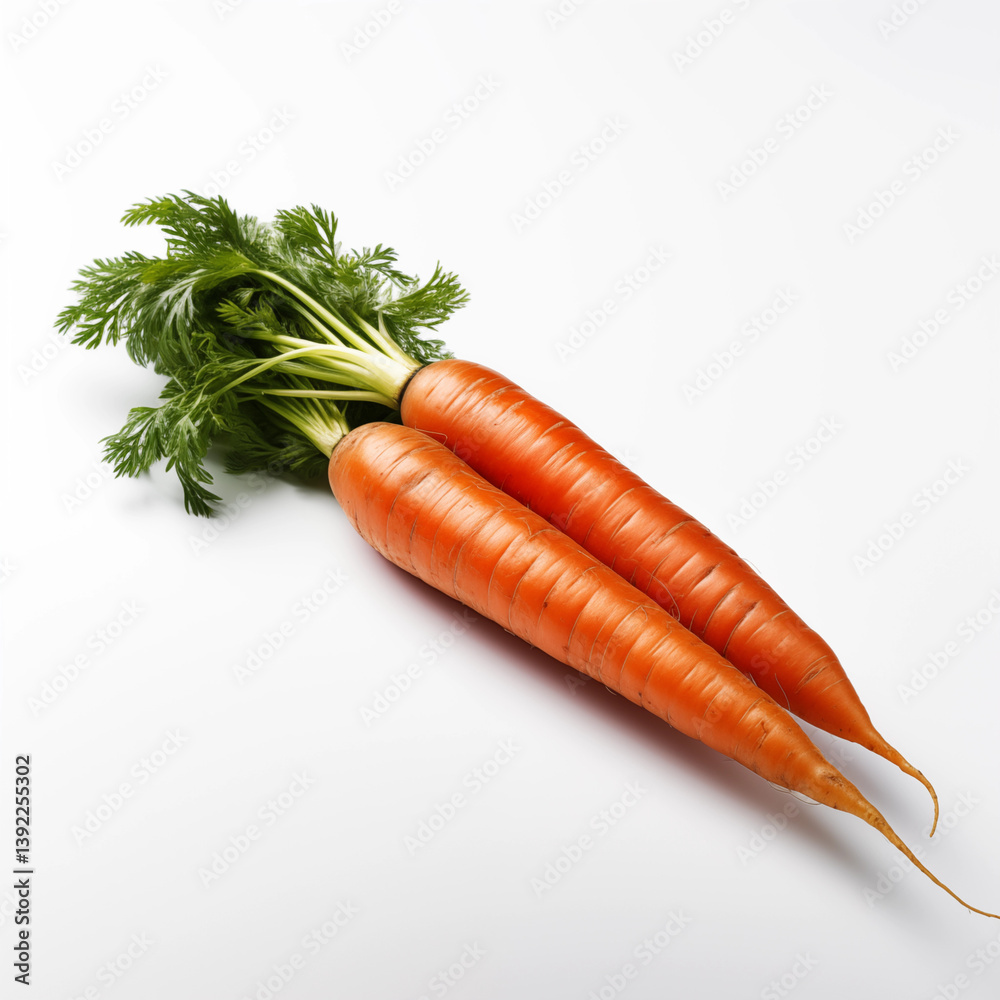 Two Fresh Organic Carrots with Greens on White Background