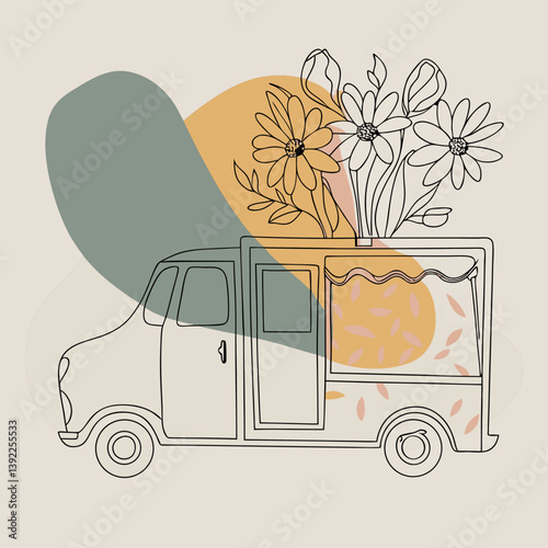 Flower delivery van with flowers against abstract background  