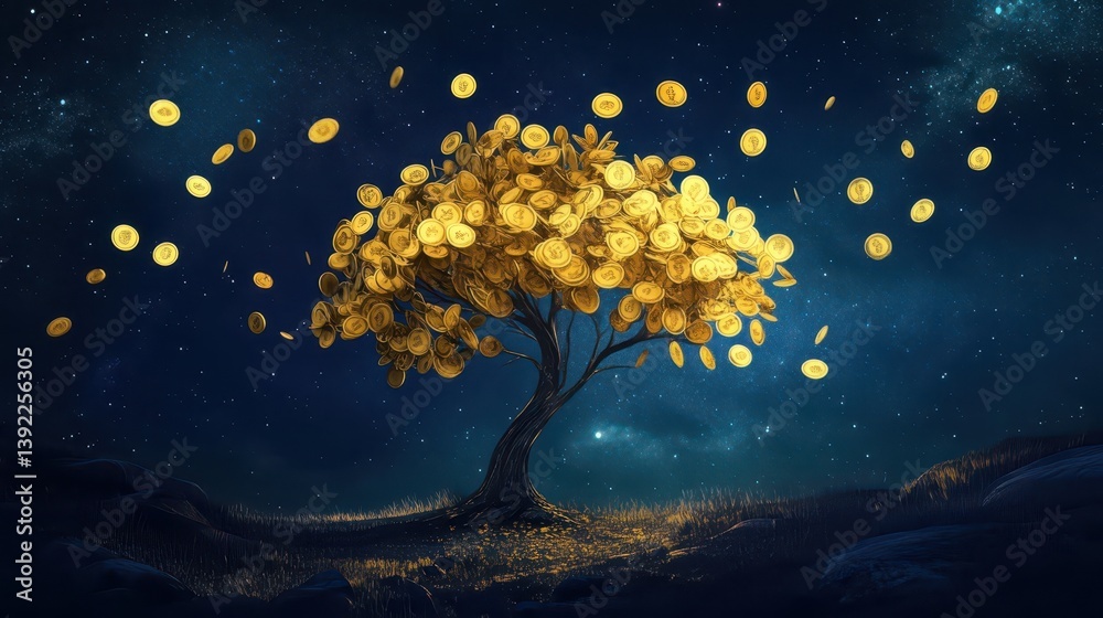 Fototapeta premium Golden money tree growing under starry night sky with falling coins