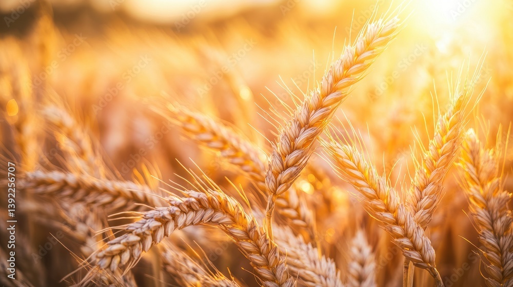 Golden wheat field at sunset, showcasing ripe grains swaying in the breeze Golden wheat field at sunset, showcasing ripe grains swaying in the breeze