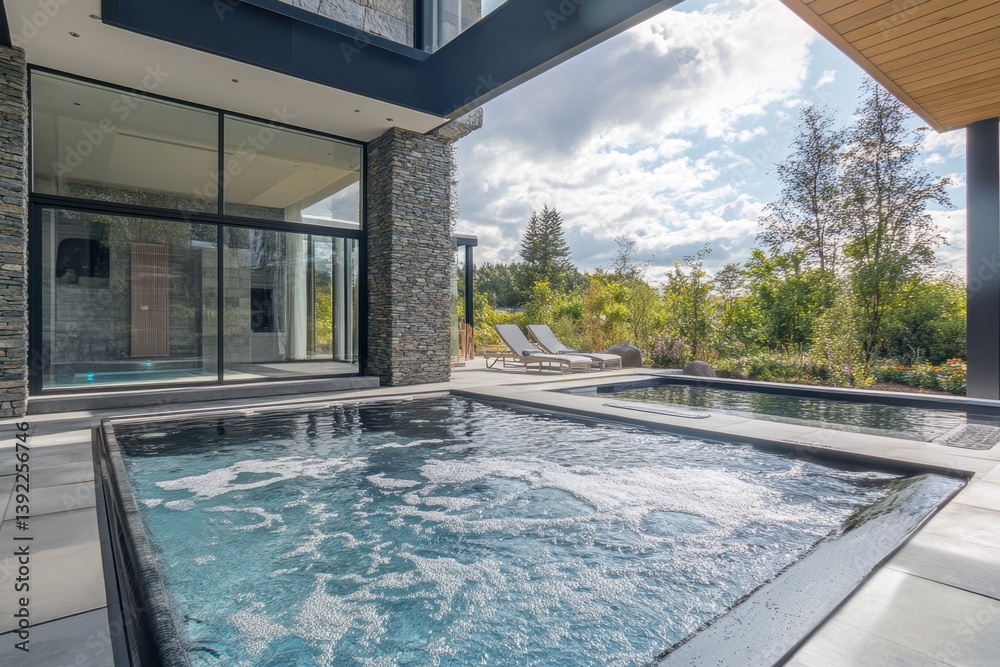 Obraz premium Relaxing outdoor hot tubs in a modern home surrounded by nature