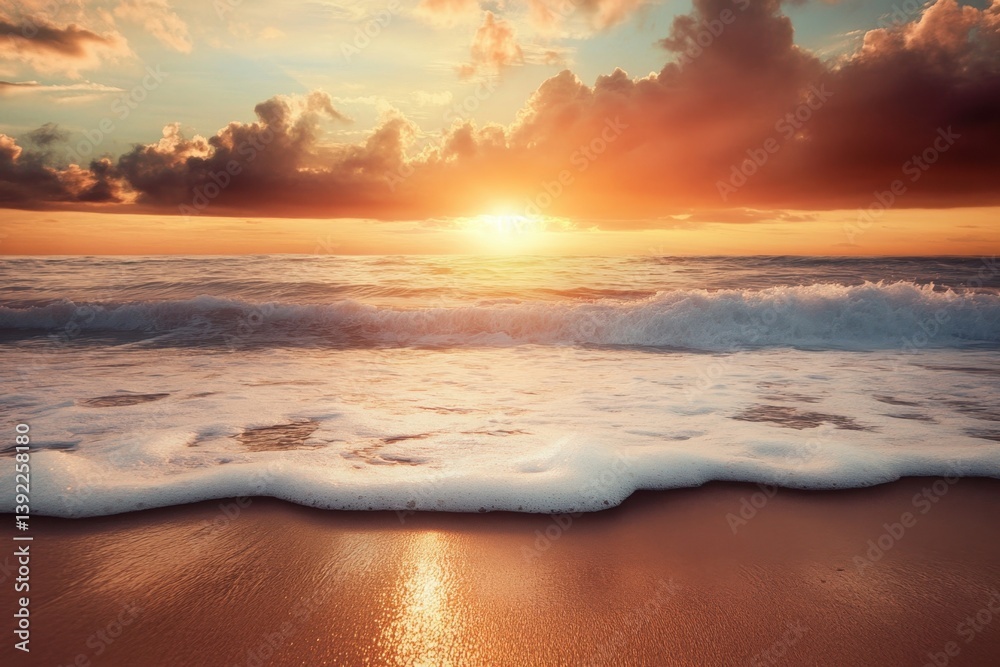 Fototapeta premium Sunset over the ocean with waves gently lapping at the sandy shore