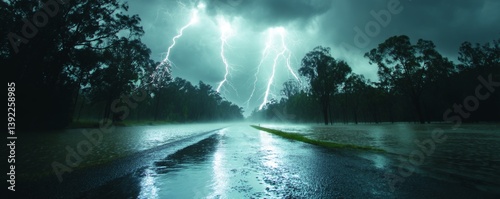 Wallpaper Mural Bright flashes of lightning illuminate a flooded road during a fierce night storm - design background seamless abstract pattern Torontodigital.ca