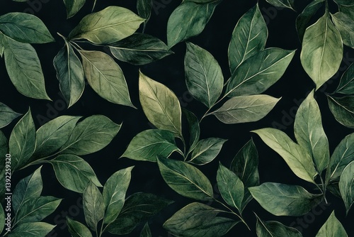 Artistic watercolor depiction of green leaves against a dark background