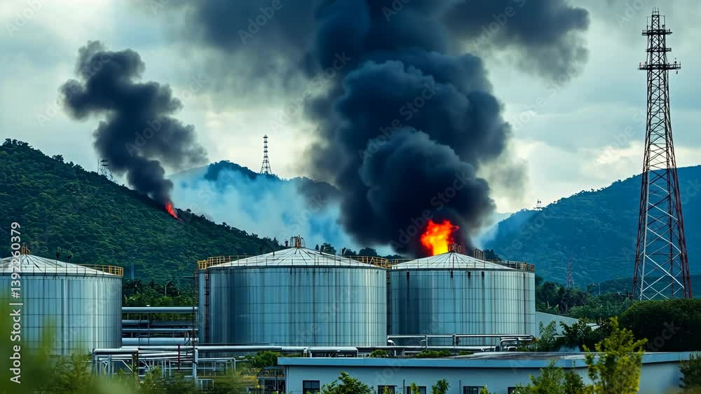 Large Industrial fire with billows of black smoke rising from fuel ...