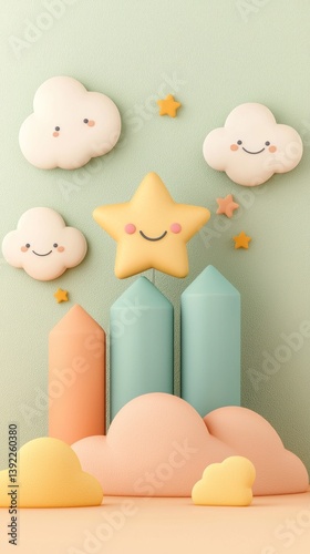 A playful scene featuring cheerful clouds, a smiling star, and colorful geometric shapes against a soft green backdrop.