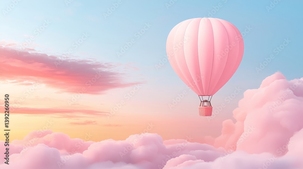 Obraz premium A serene scene featuring a pink hot air balloon floating amidst soft, pastel clouds during a colorful sunrise.