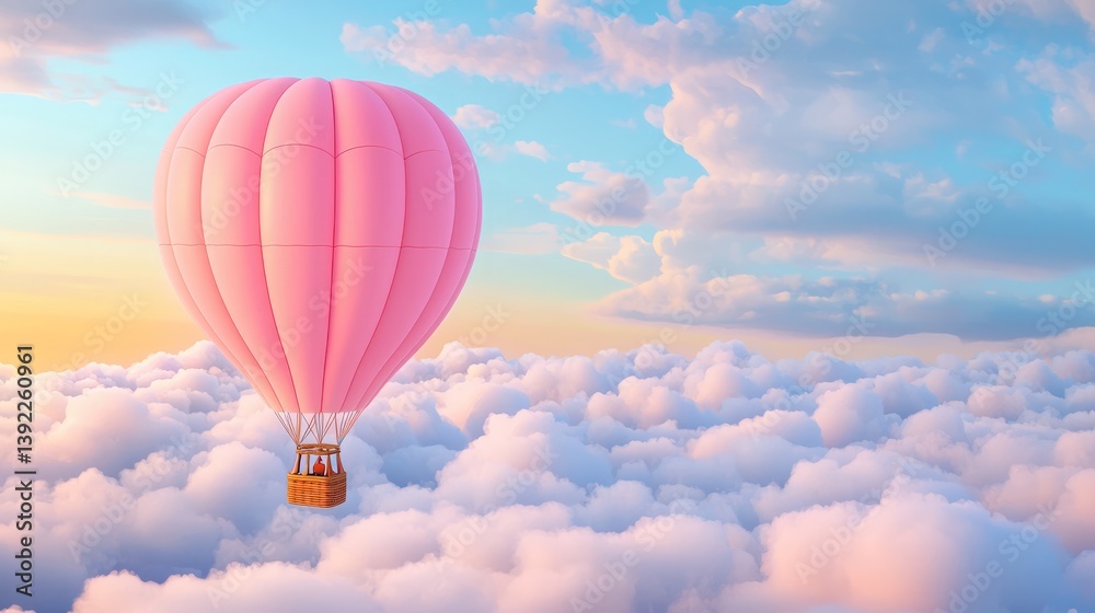 Naklejka premium A pink hot air balloon floats gracefully above a sea of fluffy clouds, bathed in soft sunlight, creating a serene and dreamy atmosphere.