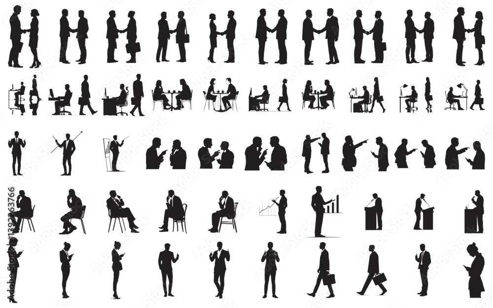 Business People Silhouettes Collection: Office, Meeting, and Work Poses