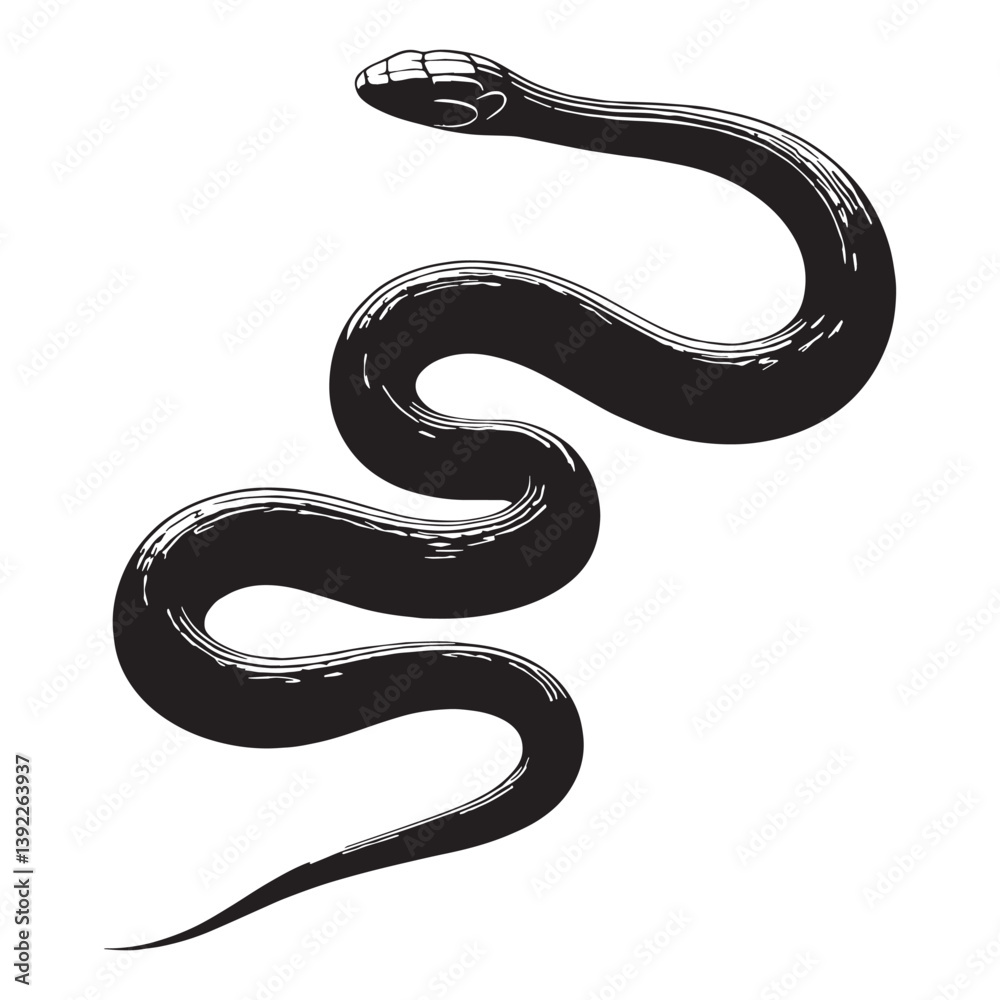Fototapeta premium Mysterious Garter Snake silhouette, creeping quietly through the foliage – Garter Snake illustration – Minimalist Garter Snake vector – Snake silhouette