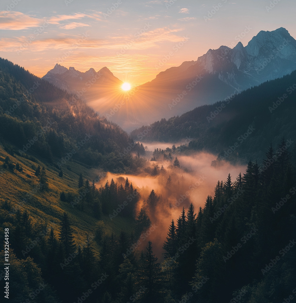 sunrise in the mountains with morning mist