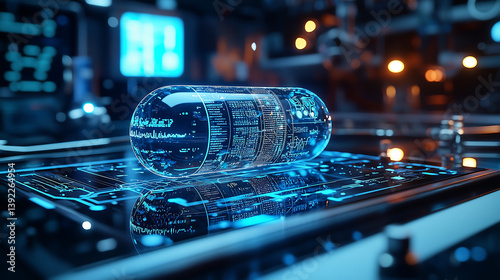 Computer circuit board with bright fiber optics lights and digital technology background