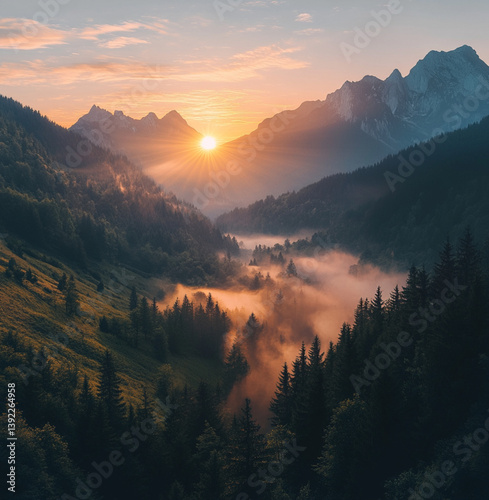 Obraz na płótnie sunrise in the mountains with morning mist w salonie