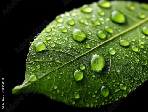A vibrant, healthy green leaf displays numerous tiny, perfectly spherical water droplets after a rain shower - texture design abstract