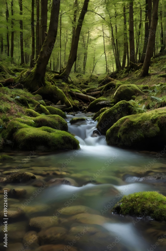 A stream of water flows through a forest with moss growing on the rocks A stream of water flows through a forest with moss growing on the rocks