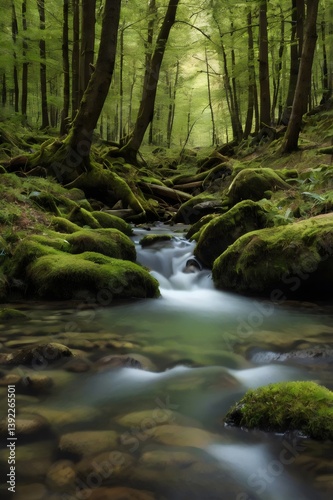 A stream of water flows through a forest with moss growing on the rocks