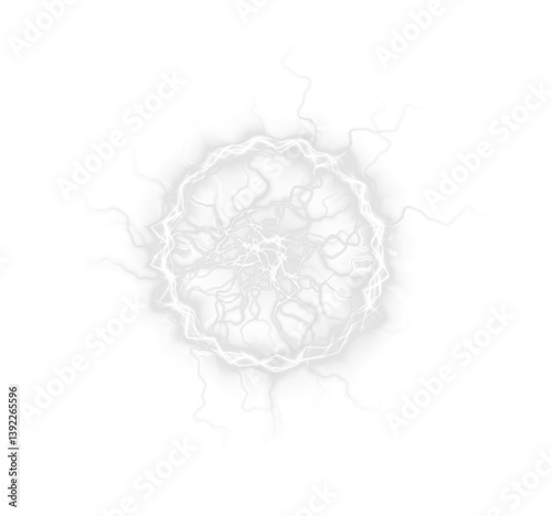 Electric plasma burst in a glowing round frame, radiating png white lightning sparks, energy,  power. A transparent effect for dynamic, explosive, png high-voltage designs.