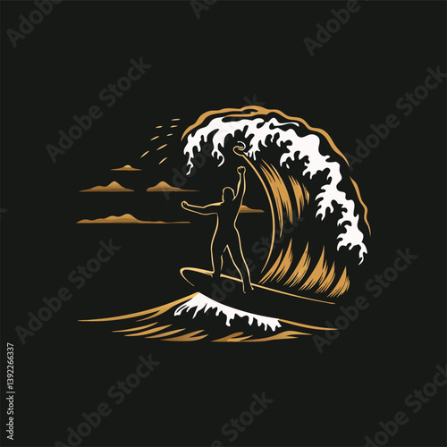 A person surfing on a wave engraved vintage image. Vector illustration.