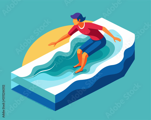 A person surfing on a wave image. Isometric style. Vector illustration.