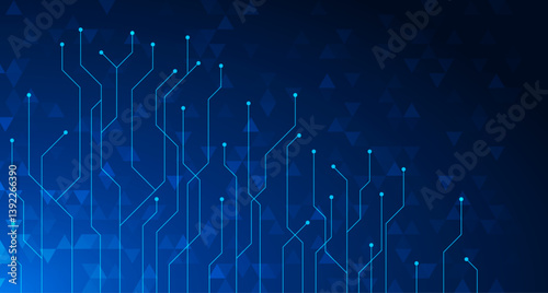 Abstract tech background with blue digital line pattern and futuristic circuit design. AI data system connects computer chip with cyber network in vector concept for electronic industry innovation.