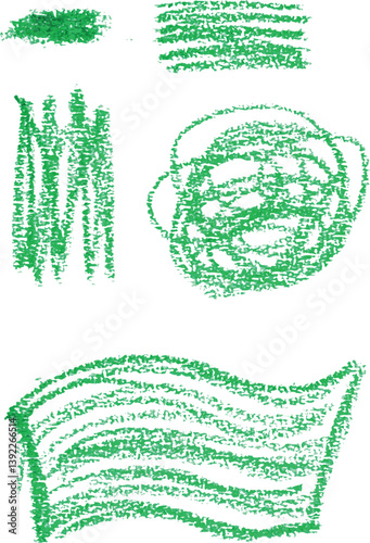 Green pencil shading on isolated background, various figures