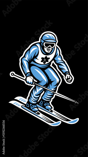 Hand drawn a person  skiing down a slope colorful image. Vintage style. Vector illustration.