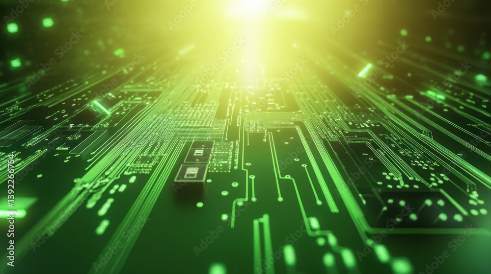 Fototapeta premium Abstract Image of a Glowing Green Circuit Board Evoking Green Technology Concepts with Ample Copy Space for Textual Inclusion and Creative Uses