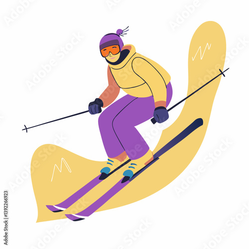 A person  skiing down a slope image. Flat image isolated on white background. Vector illustration.