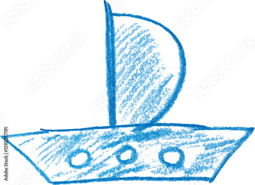 Sailboat sketch made with a blue crayon on isolated background. Features a large sail and portholes