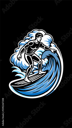 Hand drawn a person surfing on a wave colorful image. Vintage style. Vector illustration.