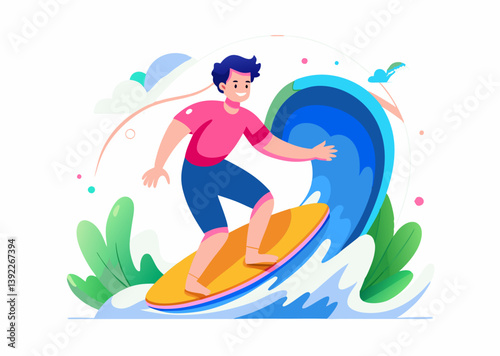 A person surfing on a wave image. Cartoon style. Vector illustration.