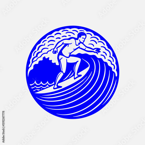 A flat-style vector illustration of a person surfing on a wave.