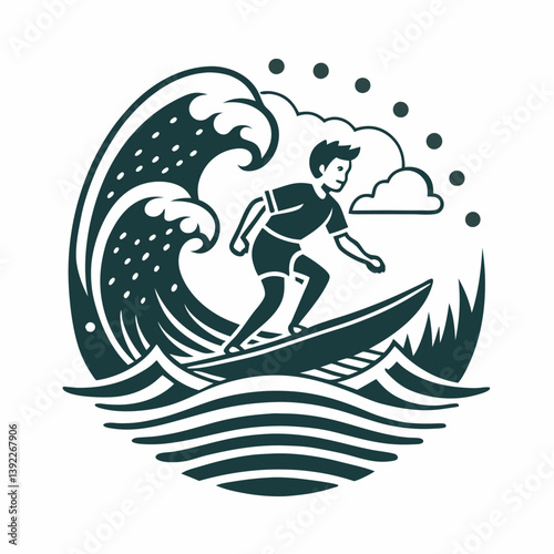 A person surfing on a wave image. Simple flat illustration on a white background. Vector graphic.