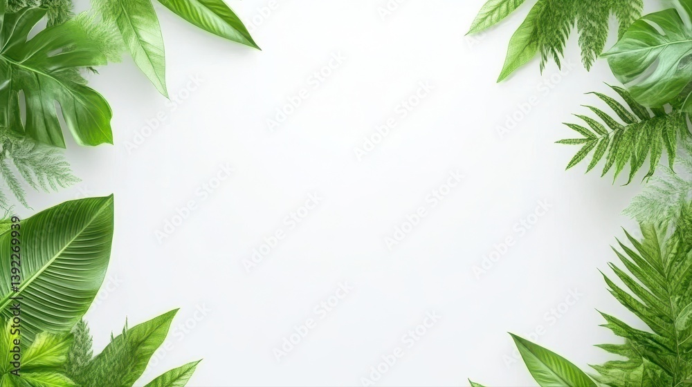 Naklejka premium Lush Green Tropical Leaves Creating a Vibrant Frame Against a Clean White Background with Ample Space for Text and Sustainable Power Copy Area
