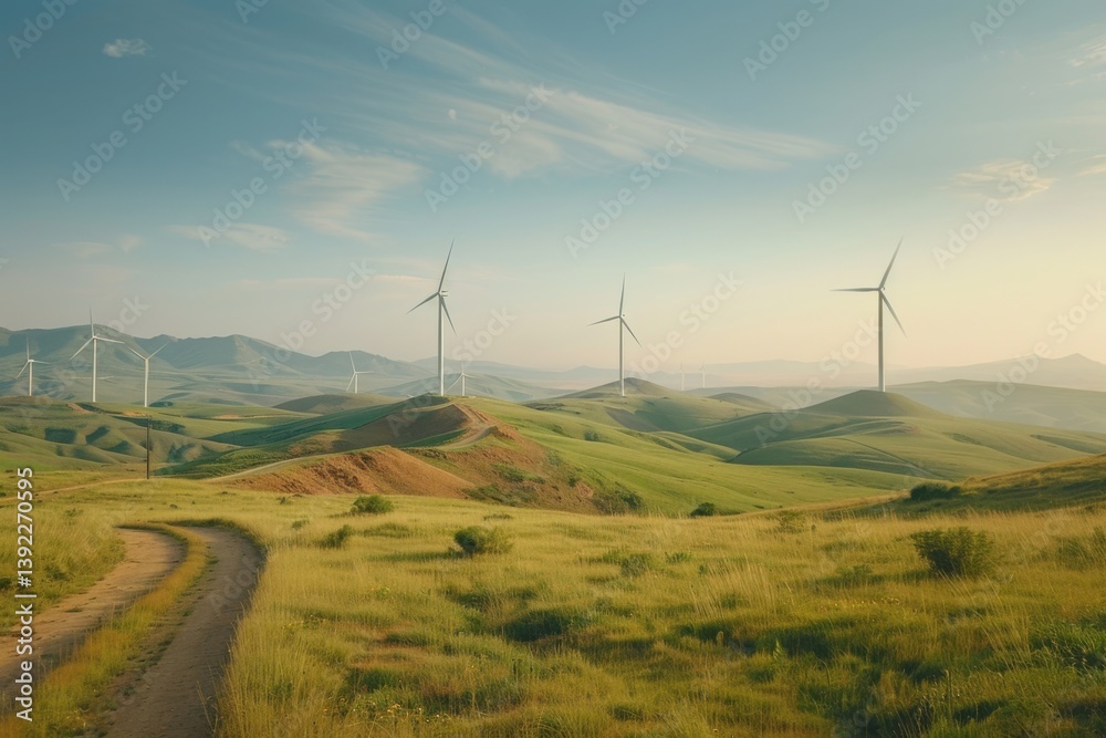 Wind turbines stand prominently on rolling hills under a clear sky at golden hour in a serene landscape Wind turbines stand prominently on rolling hills under a clear sky at golden hour in a serene landscape
