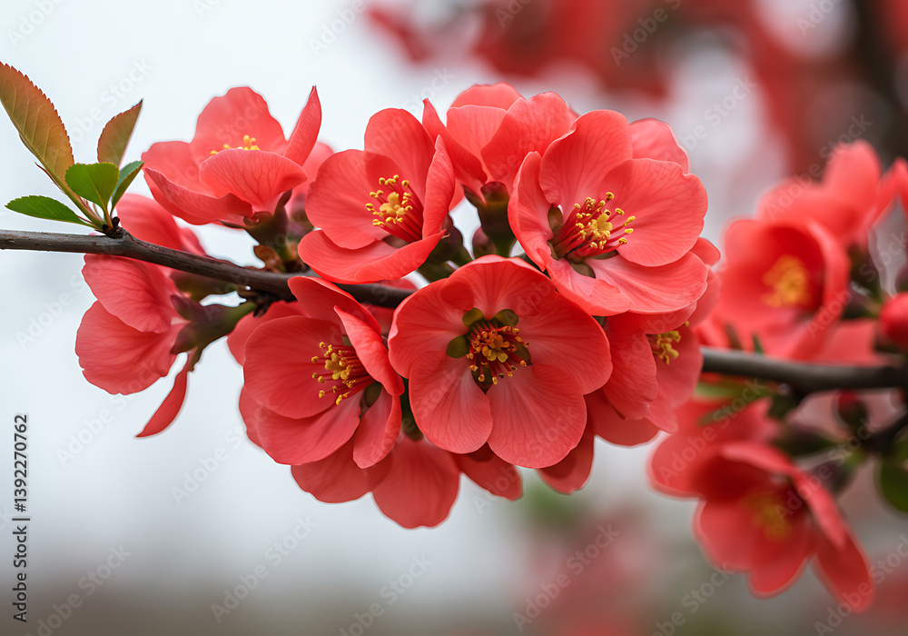 Obraz premium A flowering quince branch with red blossoms and green leaves