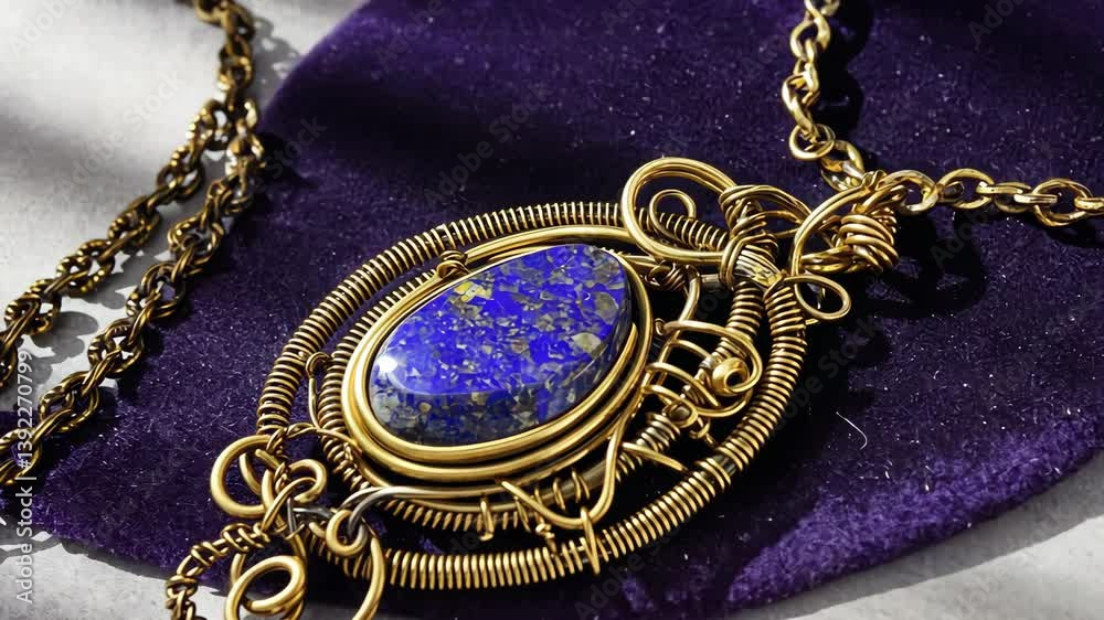 Elegant handcrafted necklace featuring lapis lazuli stone on a deep purple velvet background