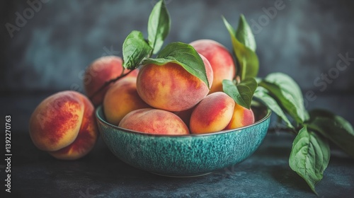 Fresh Juicy Peaches in Decorative Bowl Surrounded by Green Leaves