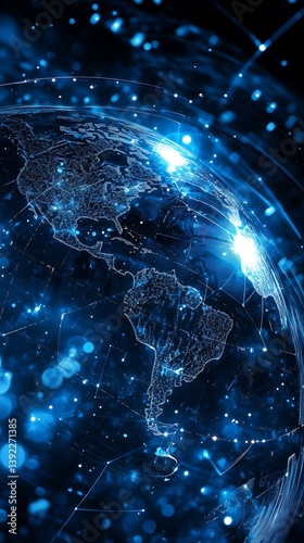 Digital World Globe Glowing Nodes Blue Lines Connection Points Transparent BG