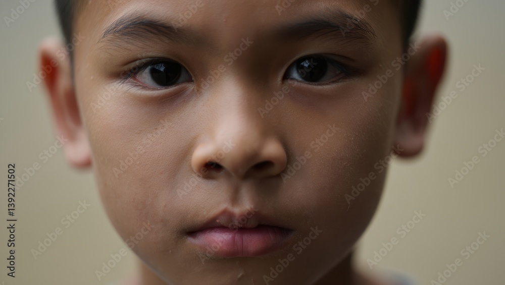 Young boy with intense gaze and serious expression close up Young boy with intense gaze and serious expression close up