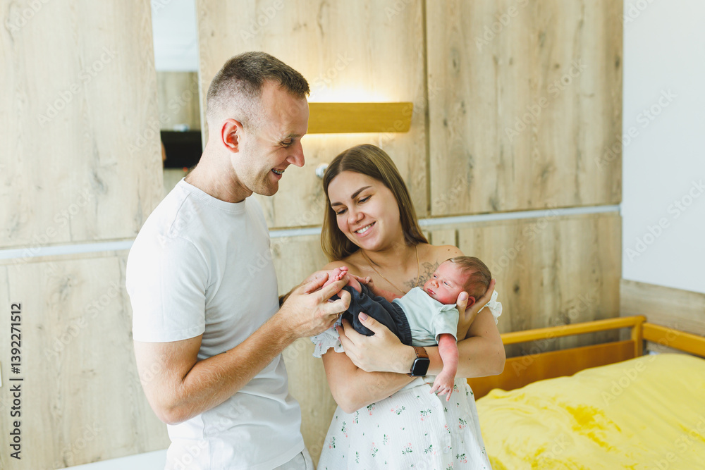 Celebrating Joyful Family Moments The Deep Bond Between New Parents and Their Newborn in a Cozy Home Environment That Nurtures Love, Happiness, and Togetherness for All to Cherish Forever