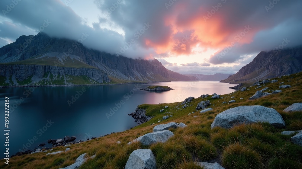 Scenic photo of Norway landscape at dawn with cloudy conditions, shot from a panoramic perspective. Scenic photo of Norway landscape at dawn with cloudy conditions, shot from a panoramic perspective.