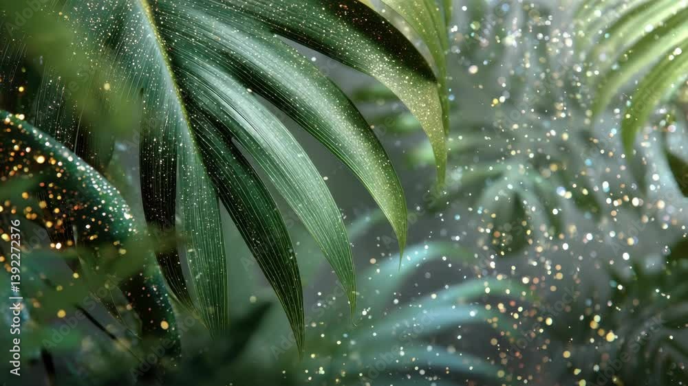Morning light filters through tropical leaves creating a magical atmosphere in a lush green space filled with shimmering particles