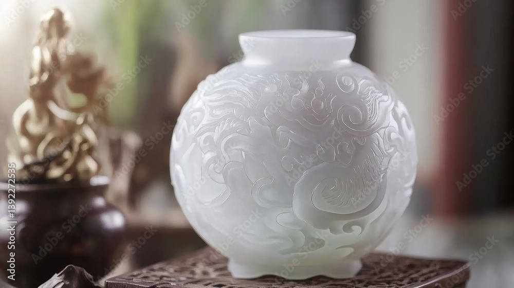 Ornate white vase with intricate carvings Ornate white vase with intricate carvings