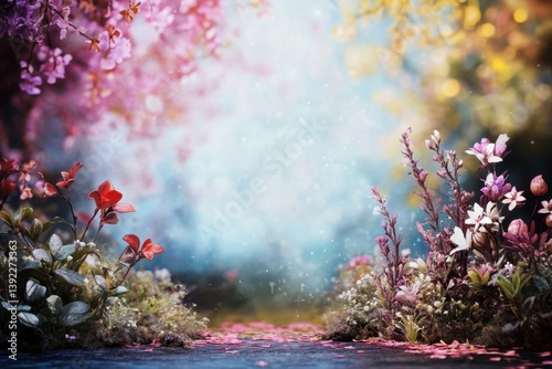 Vibrant garden blooms under soft sunlight in a serene natural setting