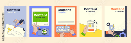 Content creation visuals with bold colors, geometric shapes, and hands. Neubrutalism style.