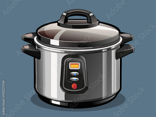 A professional vector image of a modern electric pressure cooker with a shiny black finish, placed on a solid silver background.