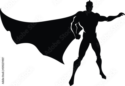 Superhero Silhouette Vector Illustration Of A Strong Hero With Cape Action, superhero, hero, silhouette, vector, comic, black, cape, costume, powerful, strong, brave, defender, illustration, graphic