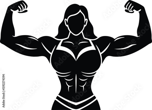 Female Bodybuilder Flexing Arms Showing Muscular Strength In Black And White Vector, bodybuilder, female, woman, muscular, muscles, fitness, strength, biceps, flexing, posing, black and white, vector