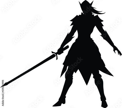 Elf Warrior Silhouette With Sword Fantasy Character Illustration Design Concept, elf, warrior, silhouette, vector, illustration, fantasy, character, sword, female, medieval, weapon, armor, mythical